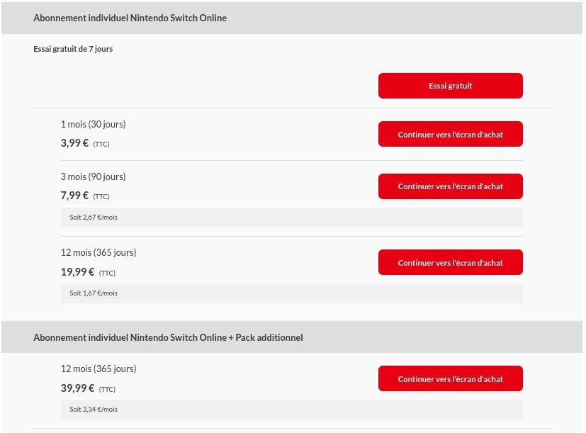 Nintendo Switch Online - tarifs abonnements individuels