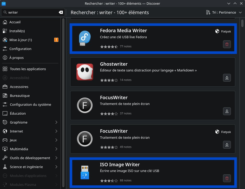Logithèque Discover - Fedora Media Writer et ISO Image Writer (sous Debian 13 KDE)