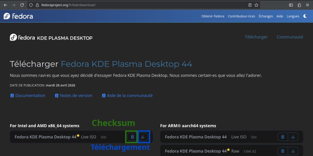 Fedora Linux 44 KDE - téléchargement et somme de contrôle (checksum) de l'ISO