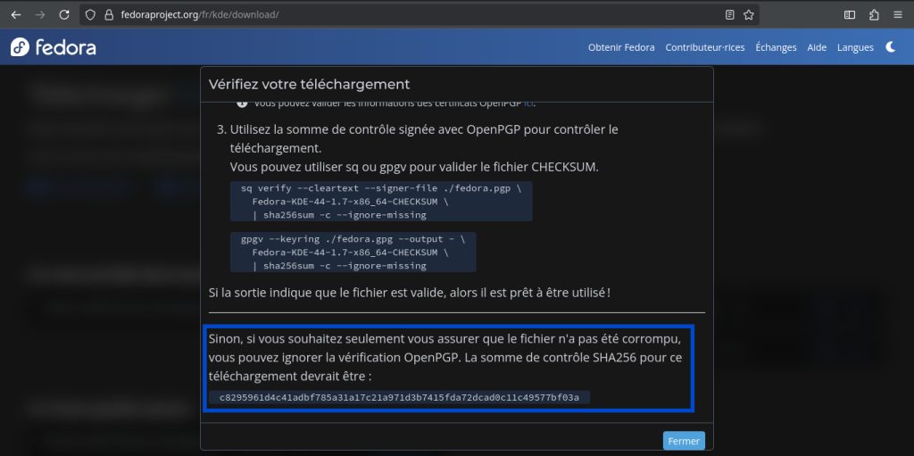 Fedora Linux 44 KDE - somme de contrôle (checksum) SHA256