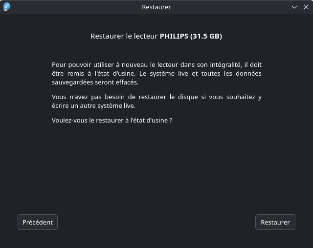 Fedora Media Writer - Restaurer un support - confirmation avant restauration