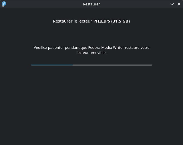 Fedora Media Writer - Restaurer un support - restauration en cours