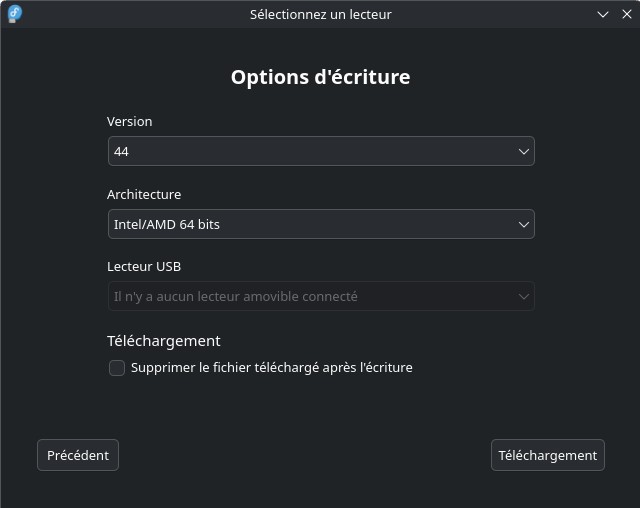 Fedora Media Writer - Télécharger automatiquement - choix de la version de l'OS et de l'architecture matérielle sans insertion de support