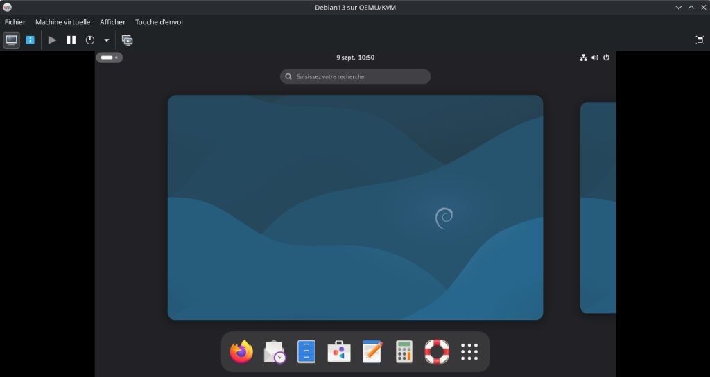 Debian 13 GNOME à travers le gestionnaire de machines virtuelles (virt-manager)