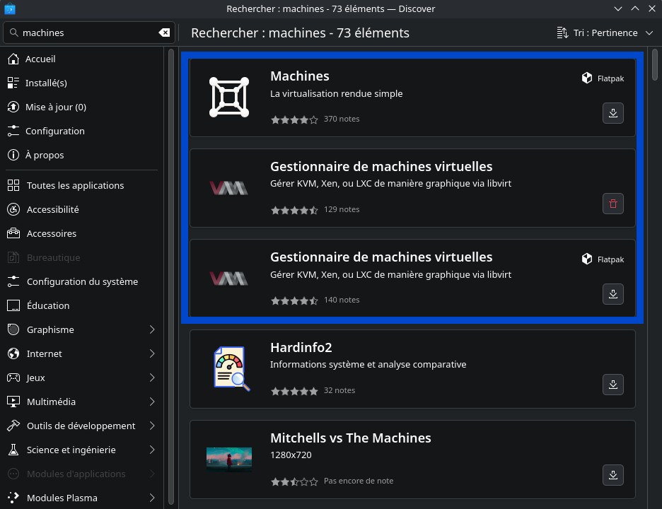 Logithèque Discover - logiciels de virtualisation (sous Debian 13 KDE)