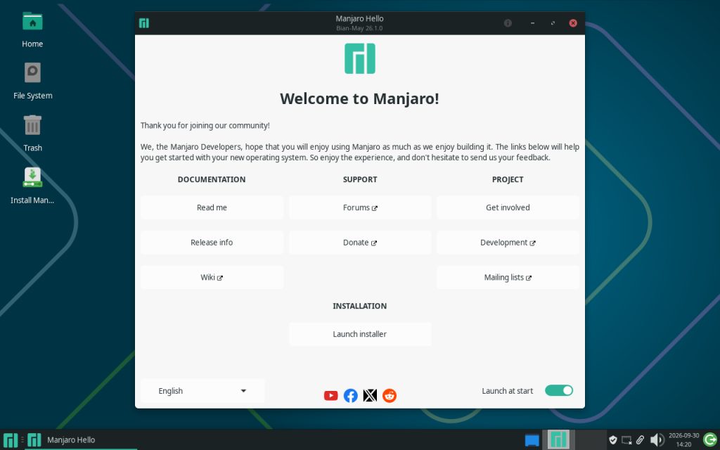 Manjaro Linux - bureau Xfce - Centre de bienvenue