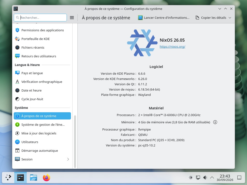 NixOS 26.05 - résumé du système dans les paramètres