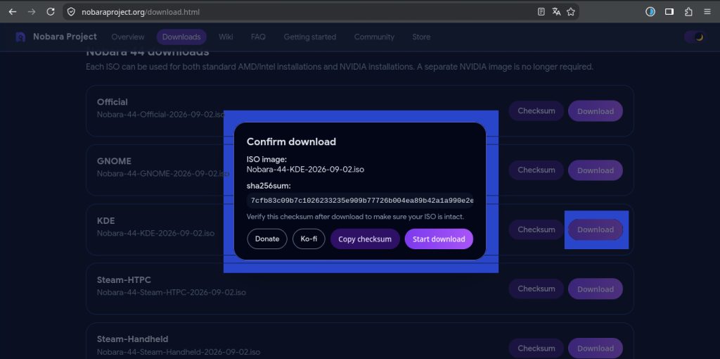 Nobara Linux 44 - téléchargement et somme de contrôle (checksum) de l'ISO