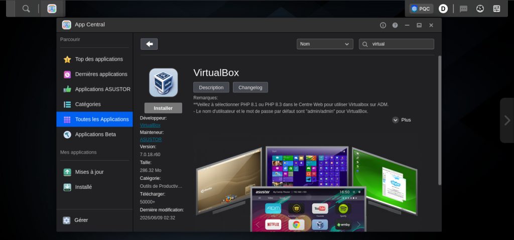 Asustor (Live Demo) - Centre des applications - Virtualbox