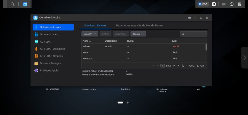 Asustor (Live Demo) - Contrôle d'accès - gestion des utilisateurs