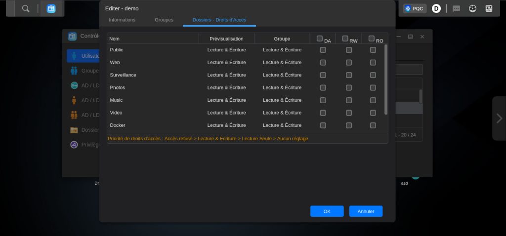 Asustor (Live Demo) - Contrôle d'accès - gestion des droits d'accès